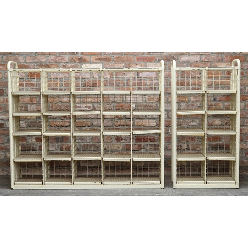 1308 - Two vintage painted metal industrial pigeon hole cabinets, H 125cm x W 149cm (largest) x D 34cm (2)