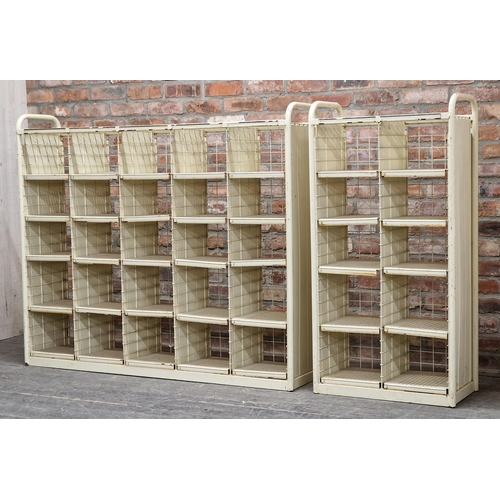 1308 - Two vintage painted metal industrial pigeon hole cabinets, H 125cm x W 149cm (largest) x D 34cm (2)