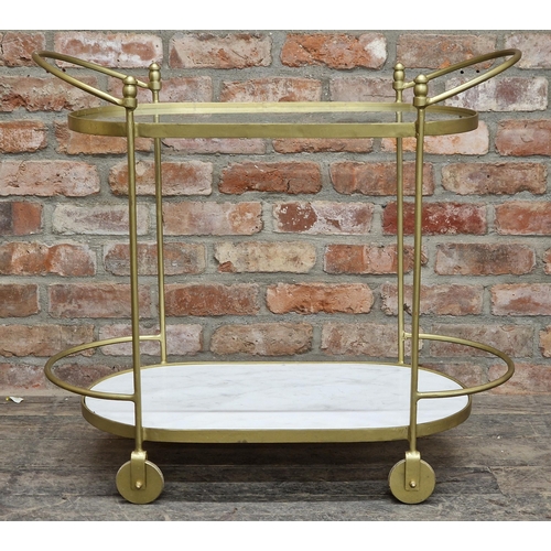 1309 - Maisons Du Monde - Contemporary Golden metal two tier serving trolley with glass and marble tops, H ... 