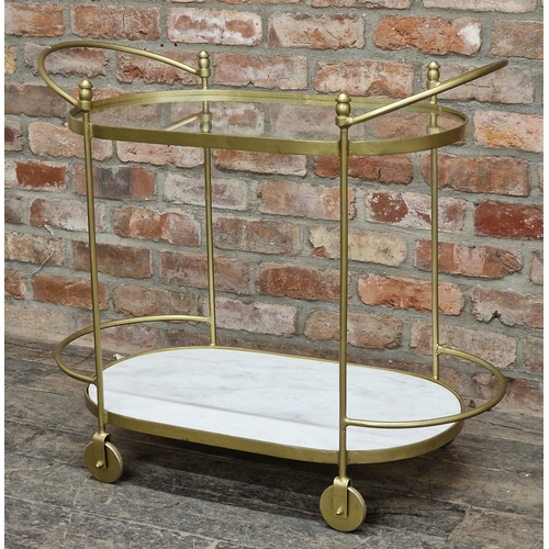 1309 - Maisons Du Monde - Contemporary Golden metal two tier serving trolley with glass and marble tops, H ... 