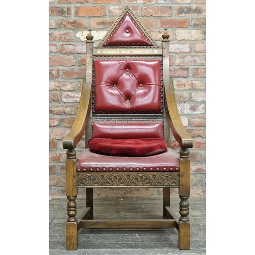 1312 - Elizabeth II Silver Jubilee 1977 solid oak throne chair with studded leather seat and back, seat num... 