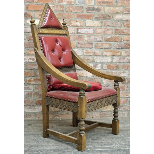 1312 - Elizabeth II Silver Jubilee 1977 solid oak throne chair with studded leather seat and back, seat num... 