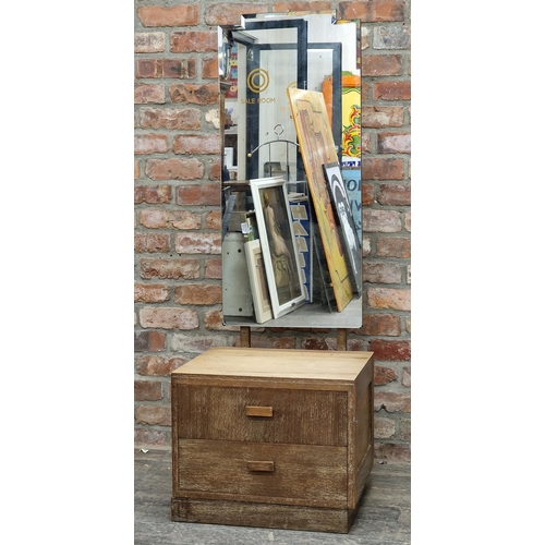 1313 - Heals of London - Vintage limed oak dressing chest with part bevelled glass and two drawers, H 153cm... 