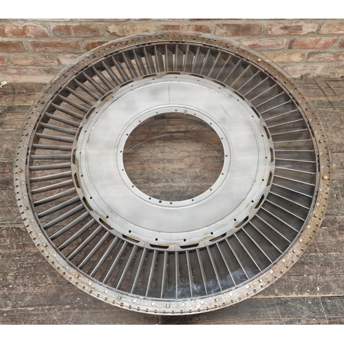 1320 - Rolls Royce Olympus Turbine Stator Disc Coffee Table with glass top, H 48cm x 102cm diameter