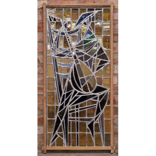 1326 - Vintage stained glass window depicting a man playing a guitar, H 122.5cm x W 59.5cm