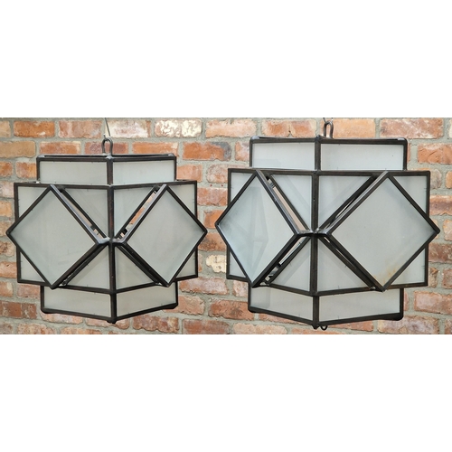 1141 - Pair of Art Deco iron framed pendant or ceiling lights with frosted glass panels (one pane is missin... 