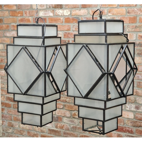 1142 - Pair of Art Deco iron framed pendant or ceiling lights with frosted glass panels (some panes missing... 