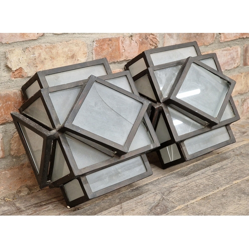 1146 - Pair of Art Deco iron framed wall lights with frosted glass panels, H 30.5cm x W 30.5cm (AF) (2)