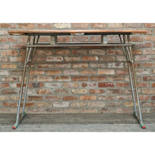 1333 - Vintage industrial high top table with copper top, H 111cm x W 152.5cm x D 69.5cm