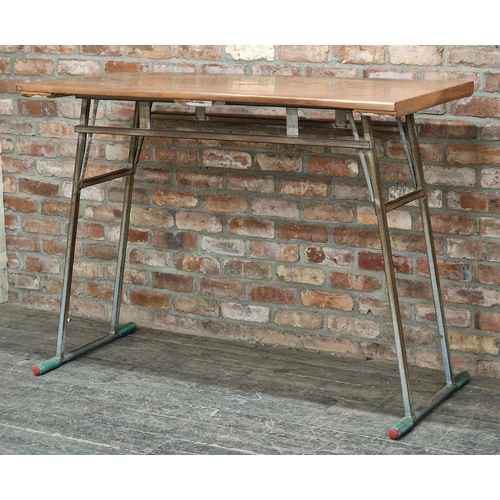 1333 - Vintage industrial high top table with copper top, H 111cm x W 152.5cm x D 69.5cm