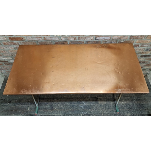 1333 - Vintage industrial high top table with copper top, H 111cm x W 152.5cm x D 69.5cm