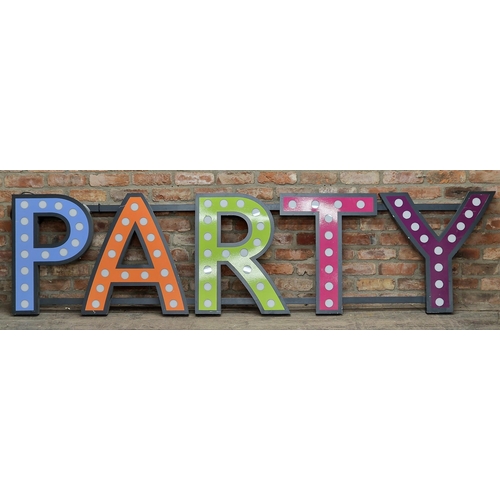 1062 - Large 20th century metal illuminated 'Party' sign, H 69.5cm W 278cm