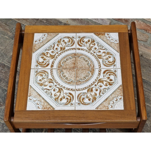 1336 - Vintage teak tiled top coffee table with slatted under tier, H 43cm x W 57cm x D 51cm