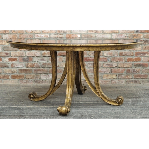 1338 - Christopher Guy - Contemporary 'Robuchon' circular gilt wood dining table with scrolled legs, H 79cm... 