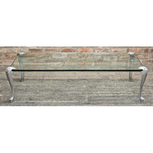 1340 - Good quality vintage glass coffee table with cast aluminium cabriole legs, H 41cm x W 150cm x D 67cm