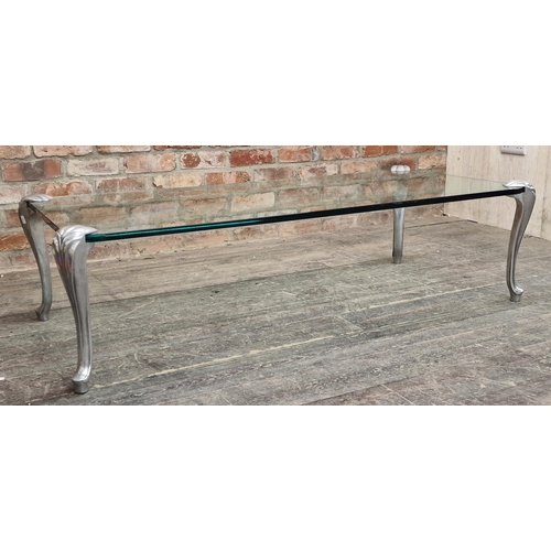 1340 - Good quality vintage glass coffee table with cast aluminium cabriole legs, H 41cm x W 150cm x D 67cm