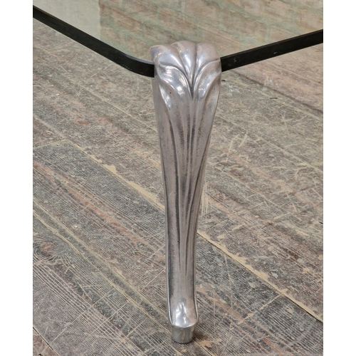 1340 - Good quality vintage glass coffee table with cast aluminium cabriole legs, H 41cm x W 150cm x D 67cm