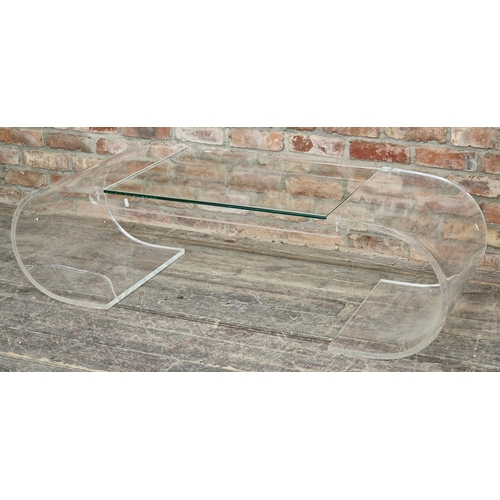 1341 - In the manner of Charles Hollis Jones (born 1947, American) - coffee table, glass top on curved twin... 