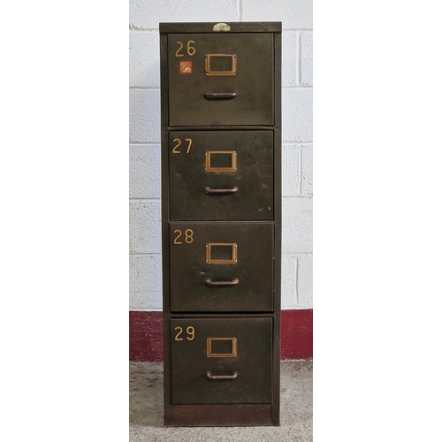 1344 - Early 20th century green metal four drawer filing cabinet with original gilt numbering, H 132cm x W ... 