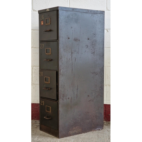 1344 - Early 20th century green metal four drawer filing cabinet with original gilt numbering, H 132cm x W ... 