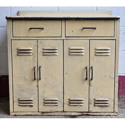 1347 - Vintage Industrial mid-century aluminium cabinet with enamelled top and four vented cupboard doors, ... 