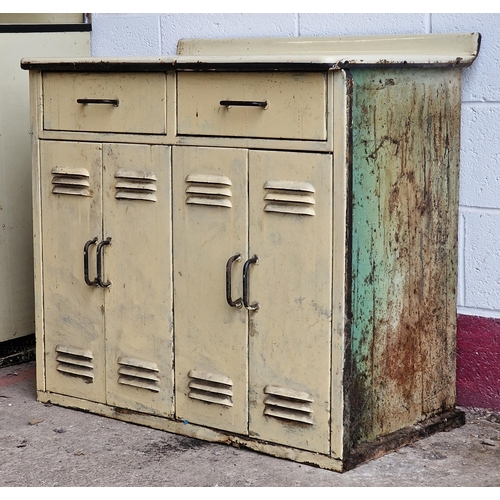 1347 - Vintage Industrial mid-century aluminium cabinet with enamelled top and four vented cupboard doors, ... 