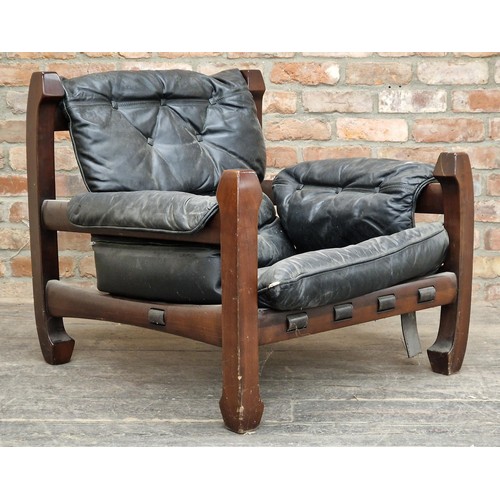 1356 - Luciano Frigerio 1970's Samurai black leather armchair, H 78cm x W 78cm