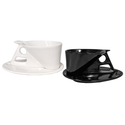 1595 - Pair of Charles Nalle Parvenu Modernist style black and white tea cups and saucers (2)