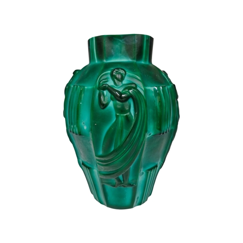 1611 - Curt Schlevogt and Heinrich Hoffman - Art Deco malachite glass vase, pressed with stylish figures, 2... 