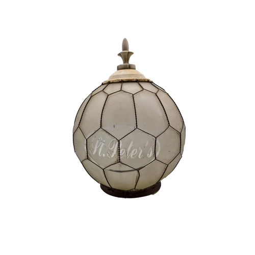 1132 - Antique frosted glass light shade with wire mesh surround, inscribed 'St Peter's', H 35cm