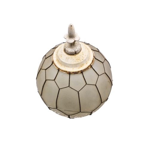 1132 - Antique frosted glass light shade with wire mesh surround, inscribed 'St Peter's', H 35cm