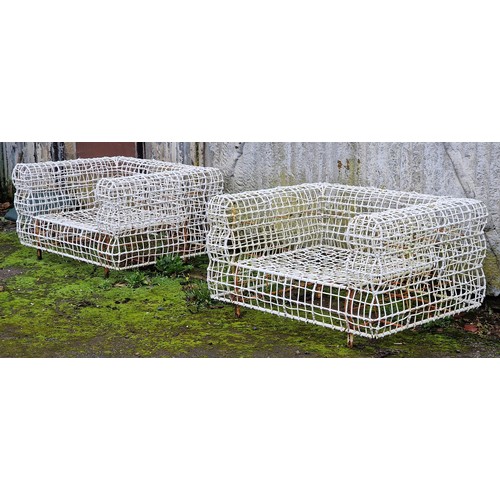 1361 - Kenneth Kobonpue - Yin & Yang pair of armchairs for exterior use, woven wirework frames, H 63cm x W ... 