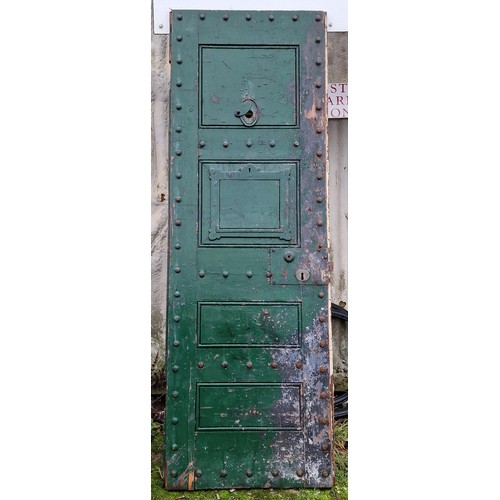 444 - Prison cell door believed to be from Dartmoor, with eye hole and hatch door, H 202cm x W 70cm