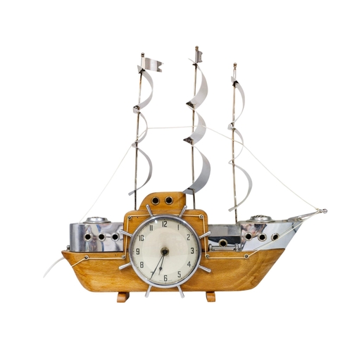 1618 - Mid-Century Kitsch chrome and wood ships design mantle clock, 48cm x 44cm