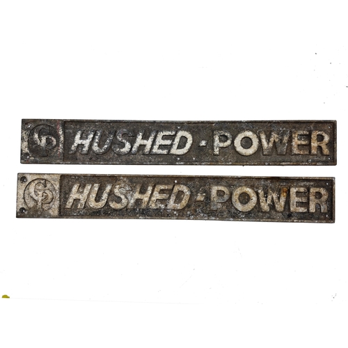 1047 - Pair of 'Hushed-Power' cast metal signs, 57cm x 8cm (2)