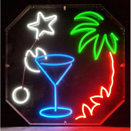 1030 - Vintage 1970's cocktail and palm tree neon sign, working, 77xm x 77cm x 16cm