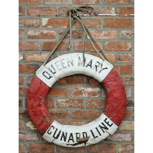 1026 - R.M.S Queen Mary Cunard Line cork filled life ring, D 80cm