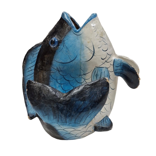 1628 - Vintage painted papier mache bin in the form of a carp, H 38cm