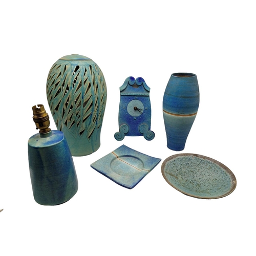 1585 - Mixed quantity of blue studio pottery to include table lamps, vases and wall clock, largest H 33cm (... 