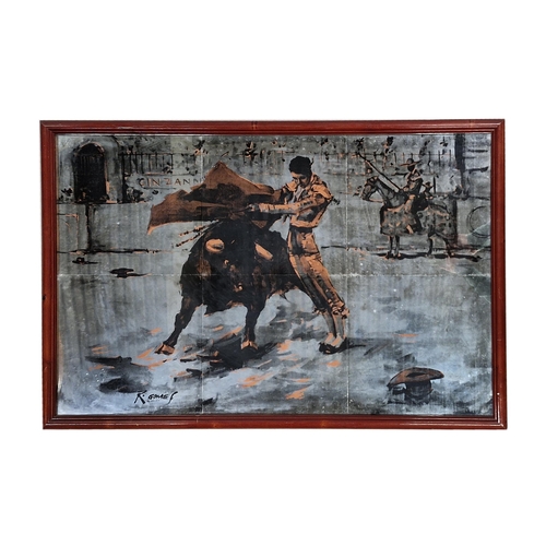 1422 - Mid-Century Kitsch matador and bull wall mirror, signed R. Gomes, 90cm x 60cm, framed