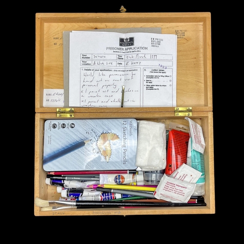 447 - Reggie Kray - A box full of art equipment with brushes, pencils and paints, with a drawing book and ... 