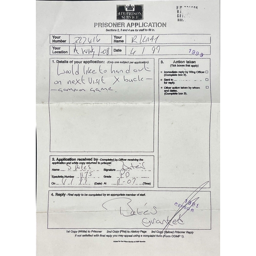 449 - Reggie Kray - Boxed Backgammon set, property of Reggie Kray.
With prison application papers from HMP... 