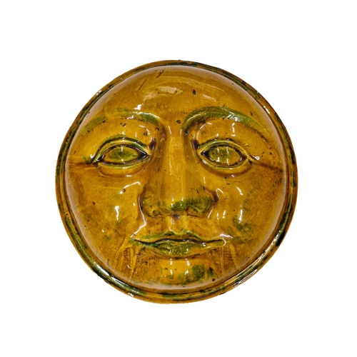 1626 - Unusual sun face glazed terracotta wall hang display, D 44cm