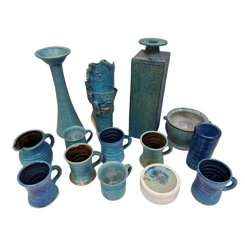 1587 - Mixed quantity of blue studio pottery to include vases, cups and bowls, largest H 40cm (14)