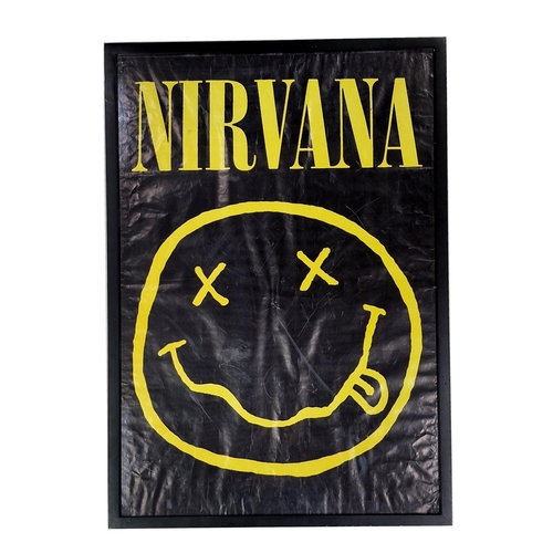 172 - Nirvana black and yellow smiley face poster, 87cm x 62cm, framed