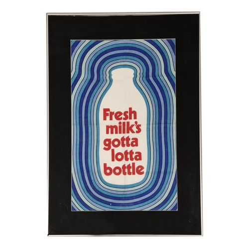 586 - Fresh Milk's Gotta Lotts Bottle linen on cloth advertising, 66cm x 42cm, framed