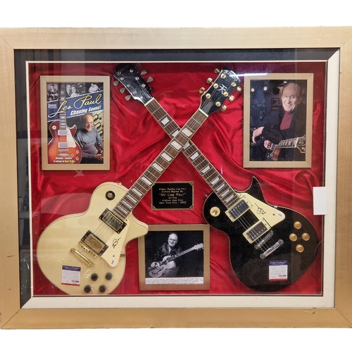 137 - Les Paul diorama - to include two signed replica guitars with C.O.A attached with additional picture... 