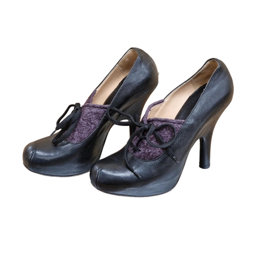 104 - Vivienne Westwood black leather and purple mohair heels, size 40, with original box