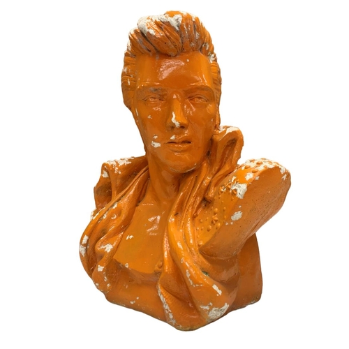 141 - Bust reconstituted stone sculpture of Elvis, painted orange, 49cm high