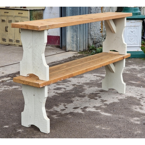 1369 - Pair of quality bespoke made pine tavern benches, H 48cm x L 83cm (2)